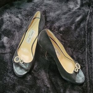 Jimmy Choo -  Forest Green-Satin Open-Toed Pumps, size 36.5 (6.5)